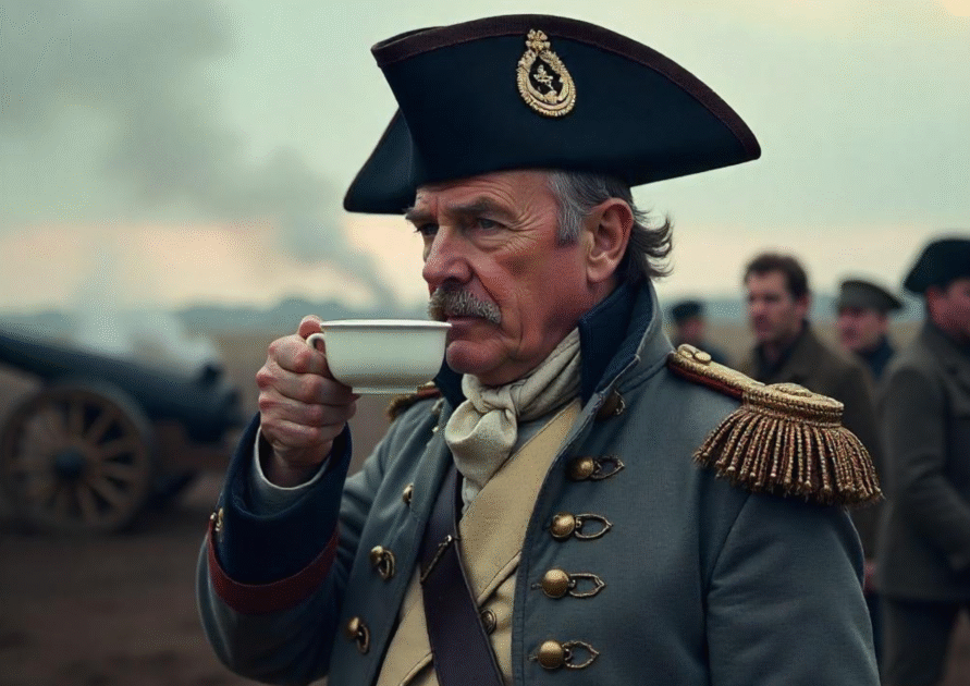 Général qui boit une tasse de café sur un champ de bataille