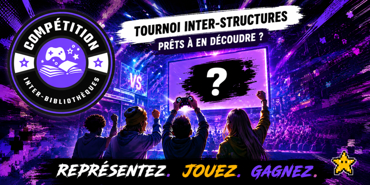 Arène de joueurs de jeux vidéo avec un écran au milieu, jeux gardé secret pour le moment