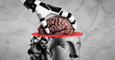 Mélange d'une statue avec robot et cerveau