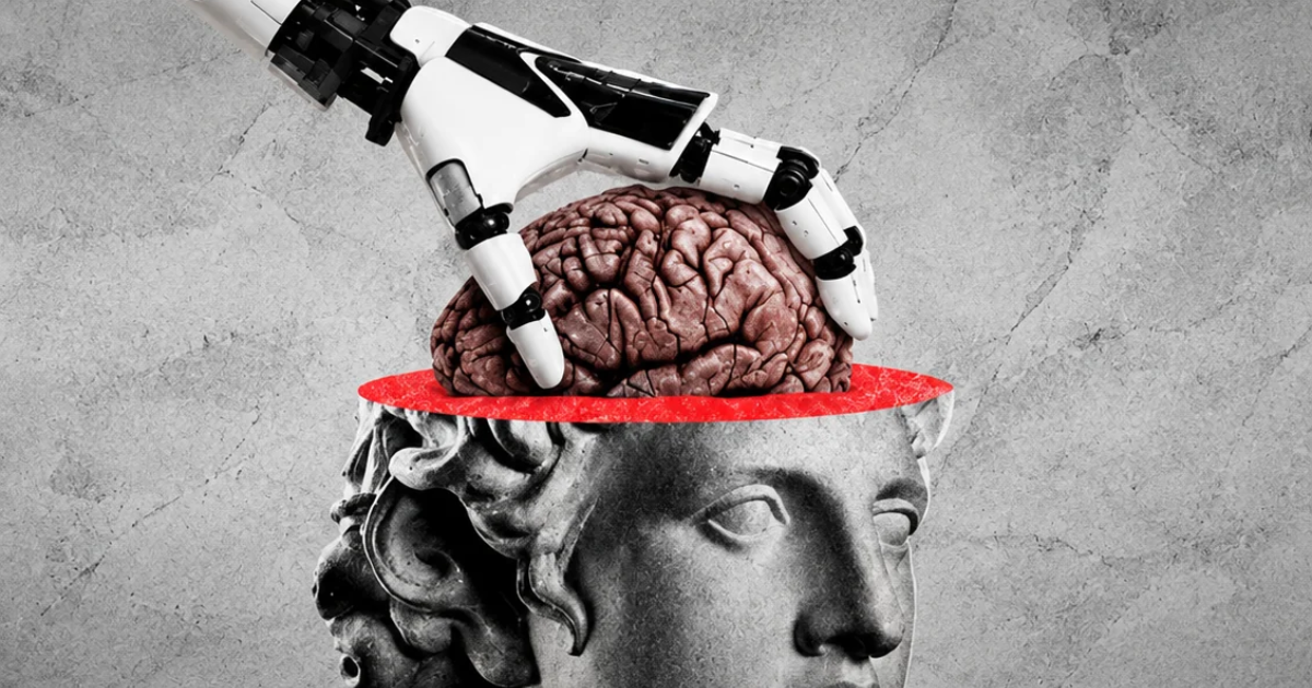 Mélange d'une statue avec robot et cerveau
